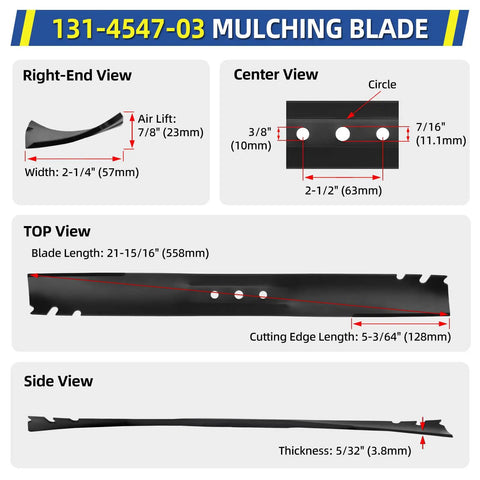 Diagram showing 22 Inch Mulching Mower Blade Replacement For Toro Recycler And Troy-Bilt Plug And Play Installation Fits 22 Inch Deck.