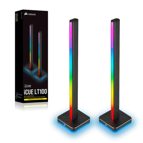 ICUE LT100 Smart Lighting Tower Starter Kit with two RGB towers and packaging, sync with games and media, diffused color effects
