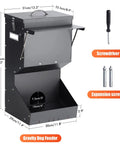 Built Tough Automatic Dog Feeder For Large Breeds Outdoor Gravity Pet Food Dispenser With 25 Pound Capacity showing dimensions and assembly tools.