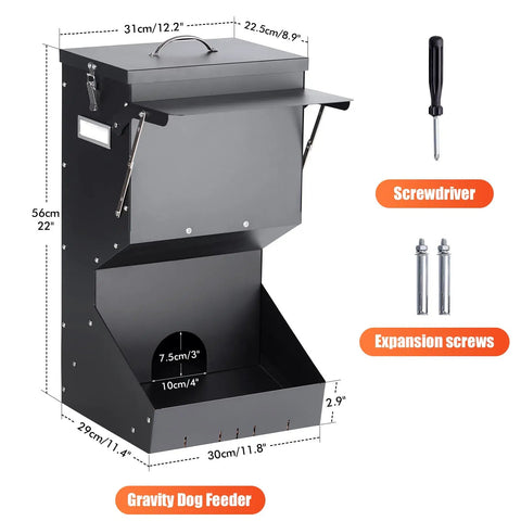 Built Tough Automatic Dog Feeder For Large Breeds Outdoor Gravity Pet Food Dispenser With 25 Pound Capacity showing dimensions and assembly tools.