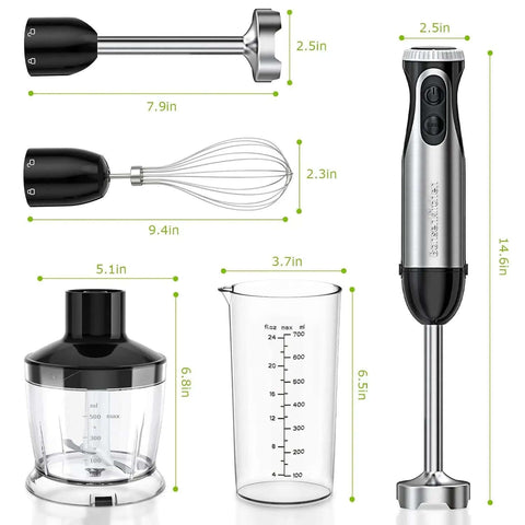 Four In One Stainless Steel Immersion Blender With 20 Variable Speeds And Turbo Boost includes blender, whisk, chopper, and measuring cup.