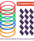 Hopscotch Rings Game Kit With Ten 11 Inch Plastic Rings and Fifteen Connectors for Indoor and Outdoor Fun. Complete set view.