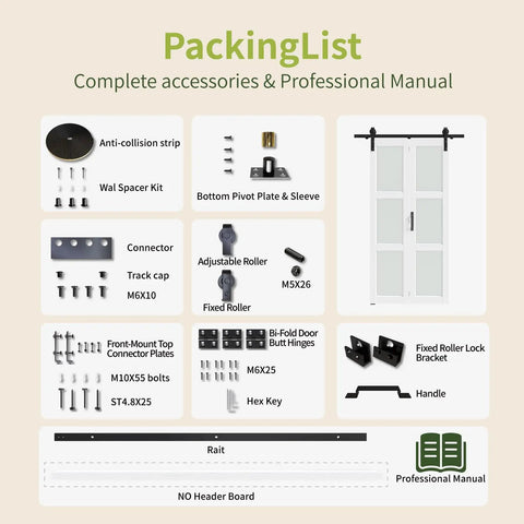 Packing list showcasing all parts for the 32 By 84 Inches Sliding Bifold Barn Door With Clear Glass Top Shelf Space Saving Interior Panel.