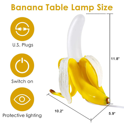 Diagram of Dope Banana Table Lamp With LED Night Light, Modern Resin Banana Lighting Fixture, showing dimensions and features.