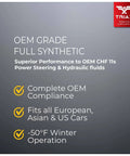 Product label for Long Life Synthetic Hydraulic And Power Steering Fluid For European US And Asian Cars 1 Quart