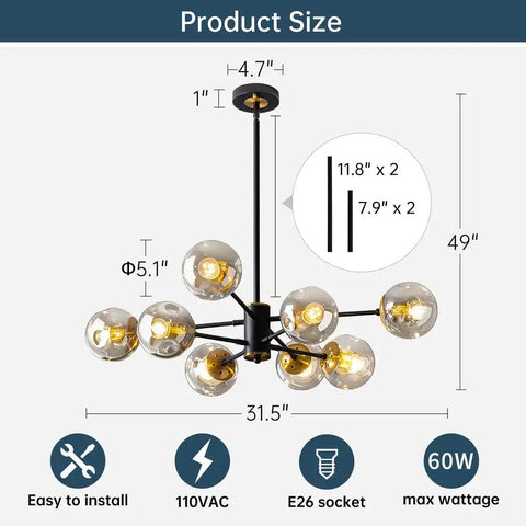 8-Light Black And Gold Sputnik Light Fixture Modern Chandelier With Smoked Glass Globes product dimensions diagram