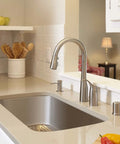 Modern kitchen with Brushed Nickel Kitchen Sink Soap Dispenser 16oz Refillable Sleek Contemporary Vibe For Liquid Soap And Dishwashing Liquid Easy Install In Pre Drilled Sink.