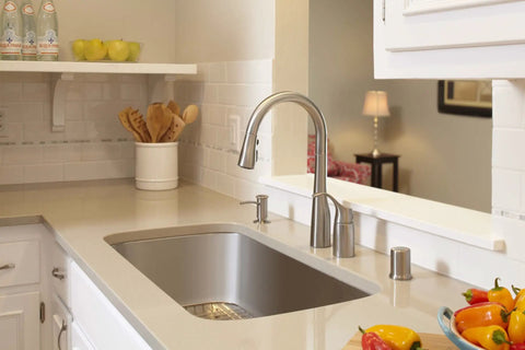 Modern kitchen with Brushed Nickel Kitchen Sink Soap Dispenser 16oz Refillable Sleek Contemporary Vibe For Liquid Soap And Dishwashing Liquid Easy Install In Pre Drilled Sink.