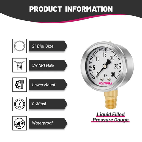 Glycerin Filled Pressure Gauge 2 Inch Dial 304 Stainless Steel Case with 1/4-Inch NPT Lower Mount, 0-30 psi Range