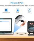 Hands Free 2D Barcode Scanner With Omnidirectional Scanning USB Wired Desktop Reader For 1D And 2D Codes Including PDF417 And Data Matrix Built For Retail Stores Supermarkets Malls And Business Use, shown connected to a laptop via USB.