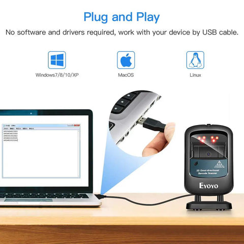Hands Free 2D Barcode Scanner With Omnidirectional Scanning USB Wired Desktop Reader For 1D And 2D Codes Including PDF417 And Data Matrix Built For Retail Stores Supermarkets Malls And Business Use, shown connected to a laptop via USB.