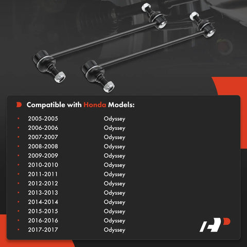 2 Front Sway Bar Links Stabilizer Kit For Honda Odyssey 2005 To 2017, front view with compatibility chart for various model years.