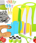 Doiaz Kidz Safe Knife Set for Toddlers with colorful plastic knives, gloves, cutting board, peeler, and veggie tools