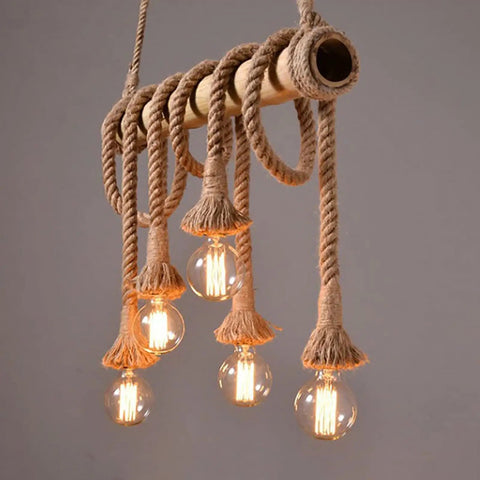 Five Heads Vintage Bamboo Chandelier With Hemp Rope Pendant Light Fixture For Bedroom Rustic Industrial Decor With Edison Bulbs