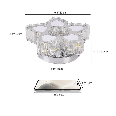 Crystal Flower Chandelier Modern LED Ceiling Light Fixture Flush Mount showing dimensions, 29W, K9 Crystals With Stainless Steel Frame