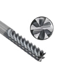 Side view of carbide end mill with 1/4in shank and 6-flute square cutter; end-face close-up.