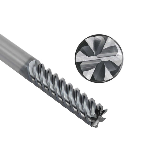 Side view of carbide end mill with 1/4in shank and 6-flute square cutter; end-face close-up.