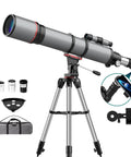 High Powered 90mm Refractor Telescope With 800mm Focal Length For Adults And Beginners, tripod, phone adapter, carrying bag shown.