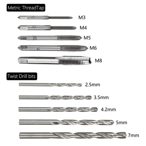 Pro Grade T Handle Tap Wrench Kit With 5 Tap Sizes M3 M4 M5 M6 M8 And 5 Twist Drill Bits for DIY Threading components shown