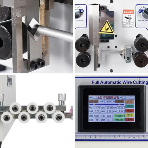 Built Different Automatic Wire Cutting And Stripping Workhorse With Smart Touchscreen showing internal components and touchscreen display