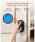 Premium Matte Black Smart Biometric Door Lock With Touchscreen Keyless Entry Featuring Boss Level Fingerprint Security And No Sweat Operation For Your Home Or Apartment showing fingerprint sensor in use.
