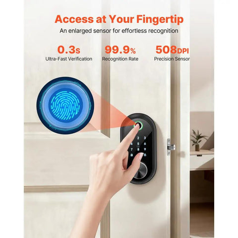 Premium Matte Black Smart Biometric Door Lock With Touchscreen Keyless Entry Featuring Boss Level Fingerprint Security And No Sweat Operation For Your Home Or Apartment showing fingerprint sensor in use.