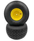 Set Of Two 20x10.00-8 Lawn Mower Wheels With Tire And Rim On Three Quarter Inch Axle Hub, Yellow Rim, Four Ply Tire, Ready To Roll