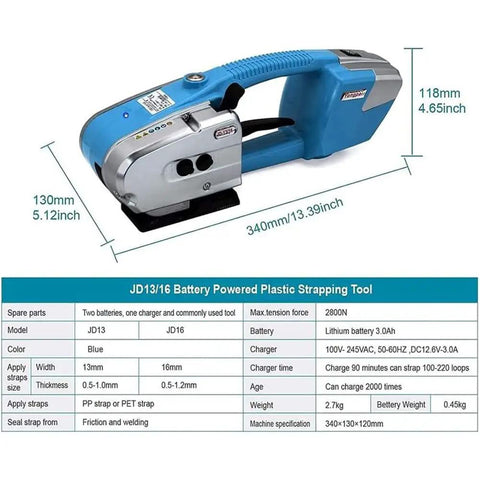 Easy Grip Cordless Electric Strapping Machine Automatic Hot Seal Pallet Bundler Battery Powered For 13 To 16 Mm PP PET Tape dimensions with specifications.