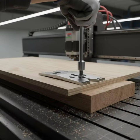 Top Tier 6 Piece Wood Clamping Plate Set With CNC Fasteners And Heavy Duty Serrated Surfaces For Serious Woodworkers And Carpentry Pros That Deliver Insane Holding Power, clamping plate being attached to timber.
