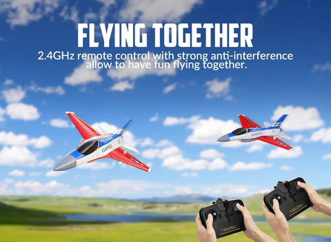 Two F 16 Fighting Falcon RC Plane With 2.4GHz 2CH Remote flying in a park with controllers, showcasing easy setup and smooth flights