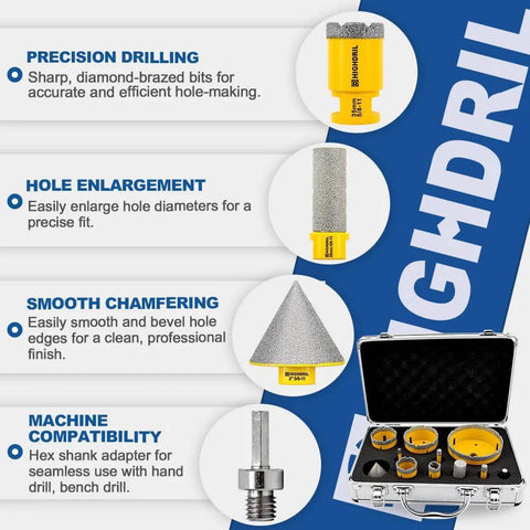 Front view: HIGHDRIL diamond drill bits kit in yellow case with 6/8/10/20/35/50/65/100mm hole saws, chamfer and finger bits