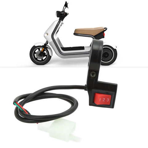 3 Speed Handlebar Control Switch for 22mm Grips Slim 5mm Thick Design for Electric Bikes Motorcycles Scooters and ATVs Easy Install Upgrade Your Ride Today, black switch with red button and wiring.