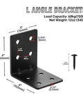 Heavy Duty Steel Corner Brackets 4x4x3 Inch 90 Degree Right Angle Shelf Brackets with dimensions and screw, for DIY projects.