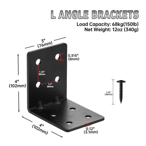 Heavy Duty Steel Corner Brackets 4x4x3 Inch 90 Degree Right Angle Shelf Brackets with dimensions and screw, for DIY projects.