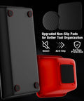 Close-up of red and black trays with non-slip EVA pads, part of 47 Piece Interlocking Tool Tray Organizer Set With Non Slip EVA Pads For Workbench And Rolling Tool Cart Red And Black Trays Garage Drawer Organizer System.