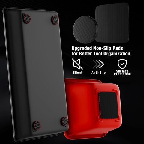 Close-up of red and black trays with non-slip EVA pads, part of 47 Piece Interlocking Tool Tray Organizer Set With Non Slip EVA Pads For Workbench And Rolling Tool Cart Red And Black Trays Garage Drawer Organizer System.