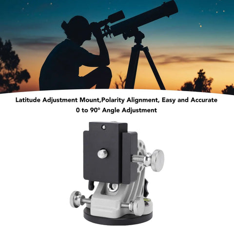 Rock Solid Aluminum Latitude Adjustment Base For Equatorial Mounts, 0 To 90 Degree Wedge With Leveling Bubble For Easy Astrophotography And Astronomy, Three Eighth Inch Universal Thread, Global Latitude Alignment visible under telescope silhouette.