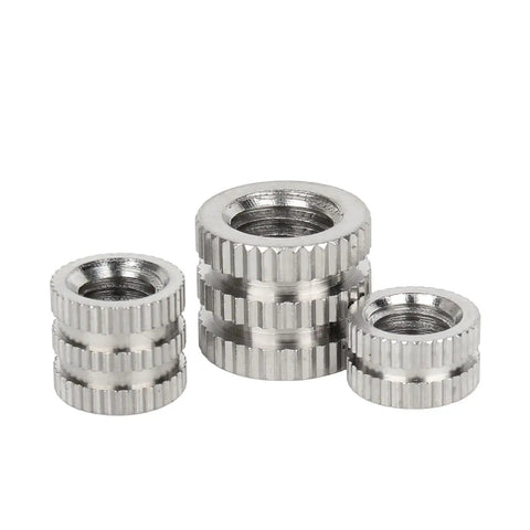 304 Stainless M3 Knurled Threaded Insert Nuts for Plastic Injection Molding and Hot Melt Embedment, corrosion-resistant view.