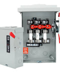 Heavy Duty 3 Pole Safety Switch 60 Amp 240 Volt Ac Disconnect Box With Fusible Breaker Quick Throw Handle, grey metal construction.