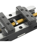 Close-up of Tough As Nails Heavy Duty Self Centering Bench Vise For CNC Machines showing measurement scales and adjustment knobs.