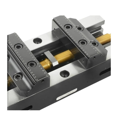 Close-up of Tough As Nails Heavy Duty Self Centering Bench Vise For CNC Machines showing measurement scales and adjustment knobs.