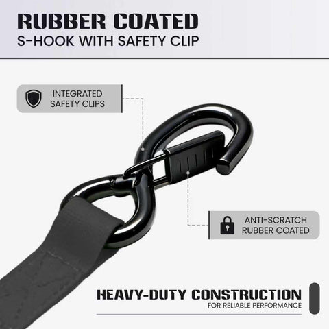 Beefy Heavy Duty Self Retracting Ratchet Straps 1In By 13Ft, 1800 Lb Break Strength rubber-coated S-hook with safety clip