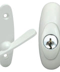 Go-To Gliding Patio Door Lock Replacement Set With Heavy Duty Keyed Cylinder And Quick Swap Thumb Latch For Andersen Tribeca Compatible Openers In Sharp White Diecast Two Nine Sixteen Inch Mounting close-up with key and latch.