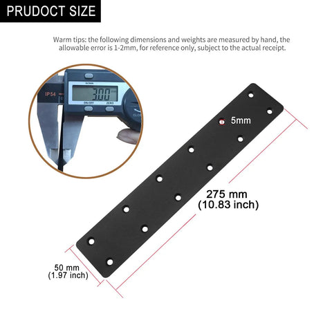 Heavy Duty Steel I Shape Mending Plates For Wood DIY Reinforcement 6 Pack dimensions 10.83x1.97 inches, black with pre-drilled holes.