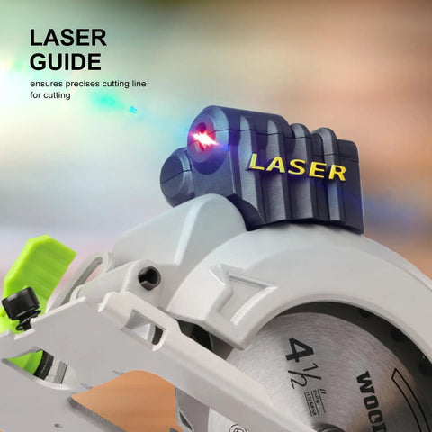 Powerful Compact Circular Saw With Laser Guide, 5.8 Amp, 3500 RPM, close-up of laser guide feature on the saw