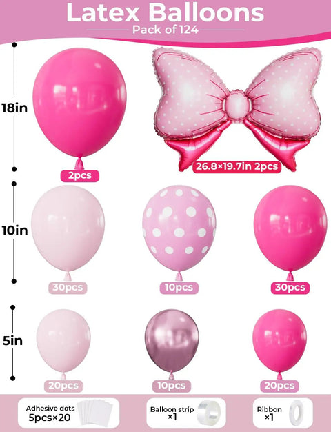 Insta Worthy Pink Mouse Balloon Garland Arch Kit, 124-Piece Set with hot pink, pastel pink, polka dot balloons, and oversized bow