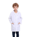 Child wearing Kids Lab Coat For Role Play Science Dress Up White Unisex Size 10 12 Button Front With Front Pockets Machine Washable
