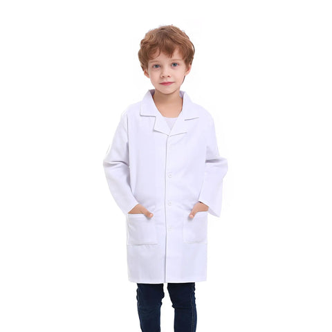 Child wearing Kids Lab Coat For Role Play Science Dress Up White Unisex Size 10 12 Button Front With Front Pockets Machine Washable