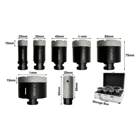 Heavy Duty 7pc Diamond Tile Hole Saw Kit With Vacuum Brazed Core Bits For Fast Drilling On Porcelain Granite And Ceramic Using Standard SDS Adapter, 25-76mm set in case
