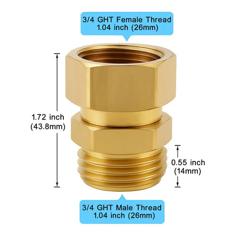 Two Pack Garden Hose Swivel Connector Three Quarter Inch GHT, 360 Degree Rotating Brass Hose Adapters to Prevent Twists and Kinks, Durable Corrosion Resistant, Easy Install, Heavy Duty Water Flow brass GHT fitting, 3/4 in male-female threads
